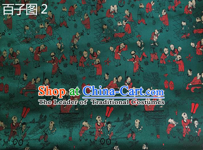 Asian Chinese Traditional Handmade Suzhou Embroidery Hundred Sons Diagram Satin Silk Fabric, Top Grade Hanfu Brocade Tang Suit Fabric Cheongsam Green Cloth Material