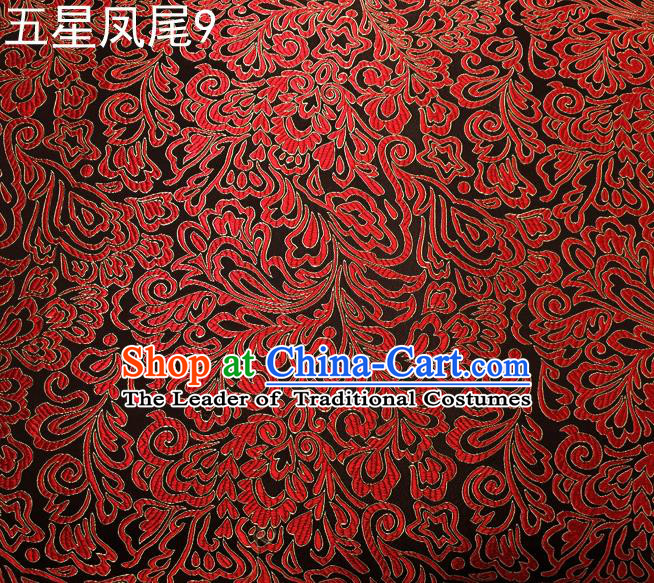 Asian Chinese Traditional Handmade Embroidery Red Five-star Ombre Flowers Satin Silk Fabric, Top Grade Nanjing Brocade Tang Suit Hanfu Fabric Cheongsam Black Cloth Material