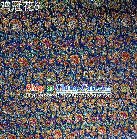 Asian Chinese Traditional Handmade Embroidery Cockscomb Flowers Satin Thangka Blue Silk Fabric, Top Grade Nanjing Brocade Tang Suit Hanfu Fabric Cheongsam Cloth Material