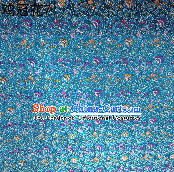 Asian Chinese Traditional Handmade Embroidery Cockscomb Flowers Satin Thangka Light Blue Silk Fabric, Top Grade Nanjing Brocade Tang Suit Hanfu Fabric Cheongsam Cloth Material