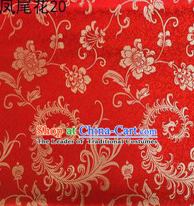 Traditional Asian Chinese Handmade Embroidery Golden Ombre Peony Flowers Satin Red Silk Fabric, Top Grade Nanjing Brocade Tang Suit Hanfu Clothing Fabric Cheongsam Cloth Material