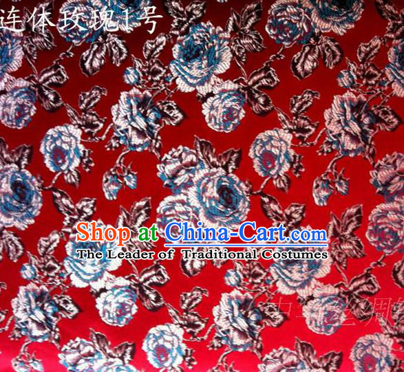 Traditional Asian Chinese Handmade Printing Roses Flowers Satin Red Silk Fabric, Top Grade Nanjing Brocade Tang Suit Hanfu Clothing Fabric Cheongsam Cloth Material