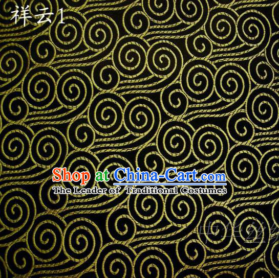 Traditional Asian Chinese Handmade Embroidery Golden Auspicious Clouds Satin Black Silk Fabric, Top Grade Nanjing Brocade Tang Suit Hanfu Clothing Fabric Cheongsam Cloth Material