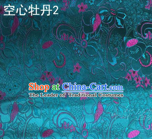 Traditional Asian Chinese Handmade Embroidery Peony Flowers Satin Tang Suit Peacock Blue Silk Fabric, Top Grade Nanjing Brocade Ancient Costume Hanfu Clothing Fabric Cheongsam Cloth Material