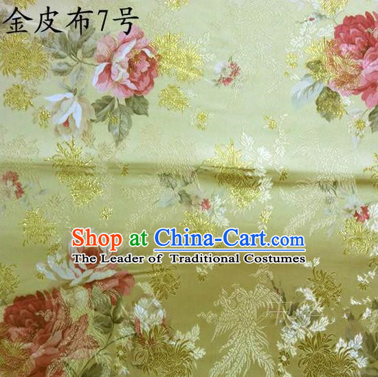 Traditional Asian Chinese Handmade Embroidery Phoenix Pink Peony Satin Tang Suit Golden Fabric, Nanjing Brocade Ancient Costume Hanfu Cheongsam Cloth Material