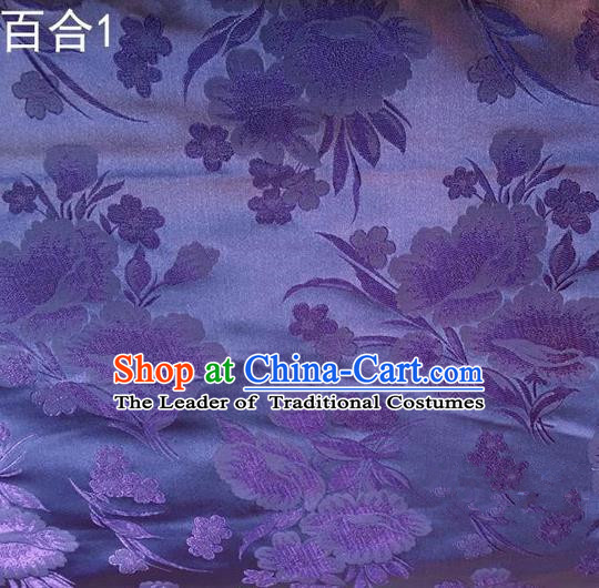 Traditional Asian Chinese Handmade Embroidery Greenish Lily Flower Satin Tang Suit Lilac Fabric, Nanjing Brocade Ancient Costume Hanfu Cheongsam Cloth Material