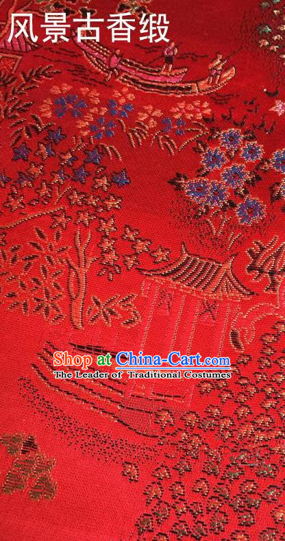 Traditional Asian Chinese Handmade Embroidery Scenery Silk Satin Tang Suit Red Fabric, Nanjing Brocade Ancient Costume Hanfu Cheongsam Cloth Material