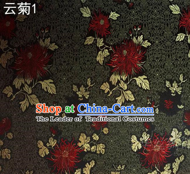 Traditional Asian Chinese Handmade Jacquard Weave Embroidery Red Chrysanthemum Satin Tang Suit Black Silk Fabric, Top Grade Nanjing Brocade Ancient Costume Hanfu Clothing Fabric Cheongsam Cloth Material