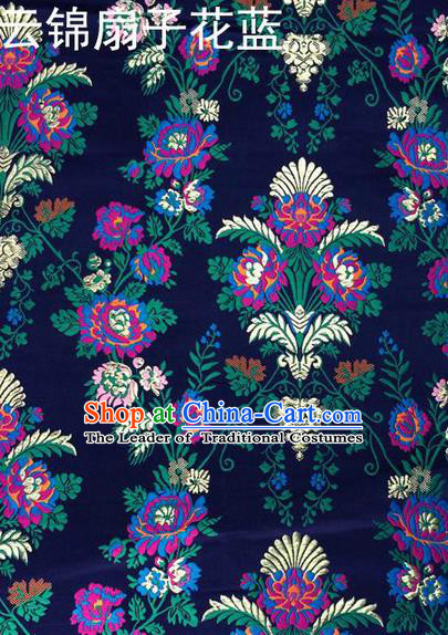 Traditional Asian Chinese Handmade Embroidery Flowers Satin Tang Suit Navy Silk Fabric, Top Grade Nanjing Brocade Ancient Wedding Costume Hanfu Clothing Cheongsam Cloth Material