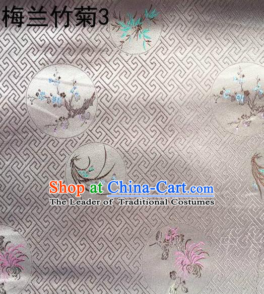 Traditional Asian Chinese Handmade Printing Plum Blossoms Orchid Bamboo and Chrysanthemum Satin Tang Suit Grey Fabric, Nanjing Brocade Ancient Costume Hanfu Cheongsam Cloth Material