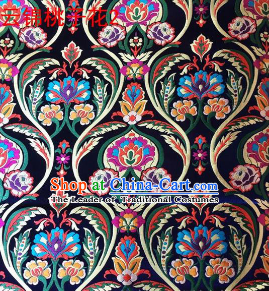 Traditional Asian Chinese Handmade Embroidery Peach Pattern Silk Satin Tang Suit Navy Fabric, Nanjing Brocade Ancient Costume Hanfu Cheongsam Cloth Material