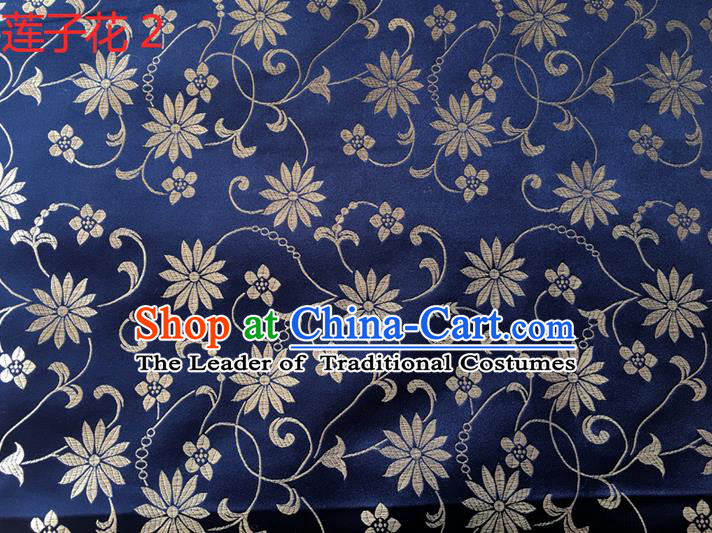 Traditional Asian Chinese Handmade Embroidery Lotus Flowers Silk Satin Tang Suit Navy Fabric Drapery, Nanjing Brocade Ancient Costume Hanfu Cheongsam Cloth Material