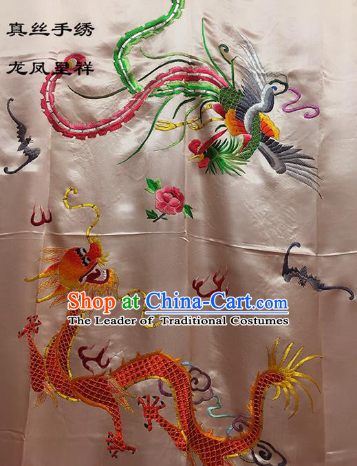 Traditional Asian Chinese Handmade Embroidery Dragon and Phoenix Quilt Cover Silk Tapestry Light Pink Fabric Drapery, Top Grade Nanjing Brocade Bed Sheet Cloth Material