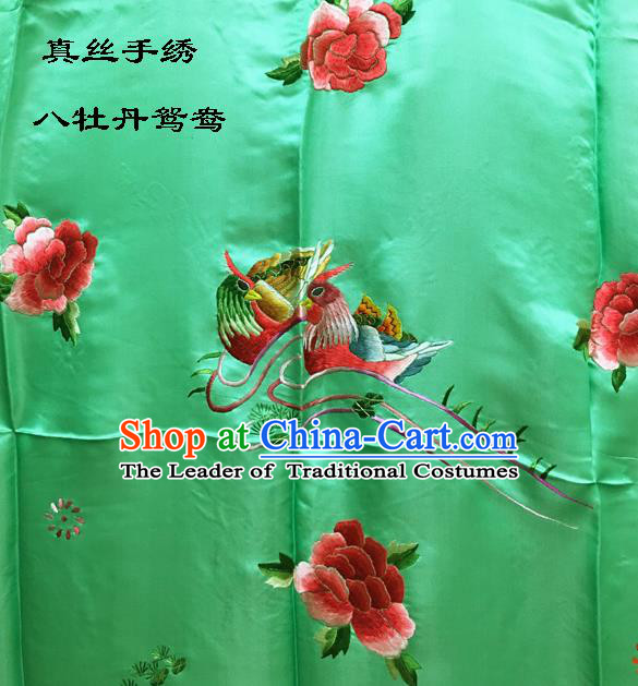 Traditional Asian Chinese Handmade Embroidery Mandarin Ducks Peony Quilt Cover Silk Tapestry Light Green Fabric Drapery, Top Grade Nanjing Brocade Bed Sheet Cloth Material