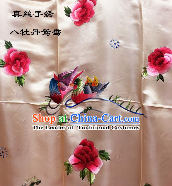 Traditional Asian Chinese Handmade Embroidery Mandarin Ducks Peony Quilt Cover Silk Tapestry Pink Fabric Drapery, Top Grade Nanjing Brocade Bed Sheet Cloth Material