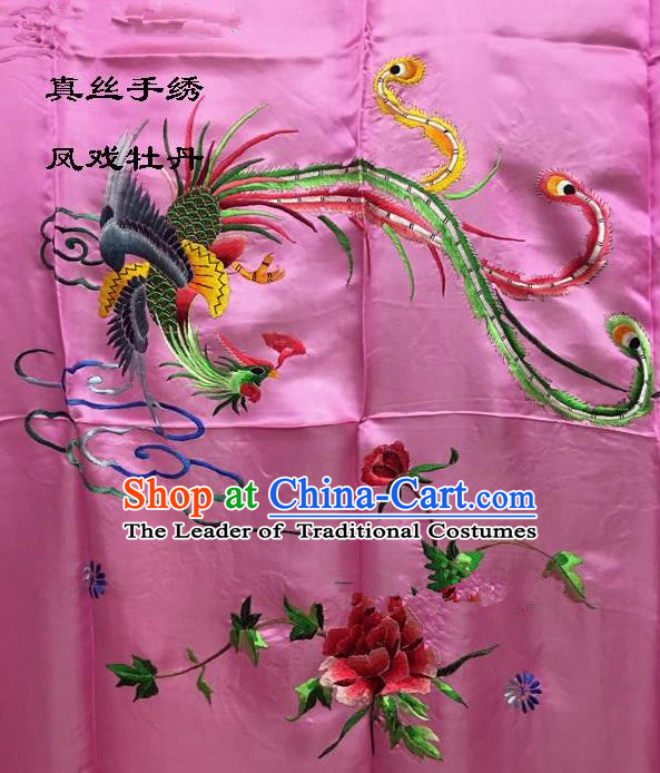 Traditional Asian Chinese Handmade Embroidery Phoenix Peony Quilt Cover Silk Tapestry Pink Fabric Drapery, Top Grade Nanjing Brocade Bed Sheet Cloth Material