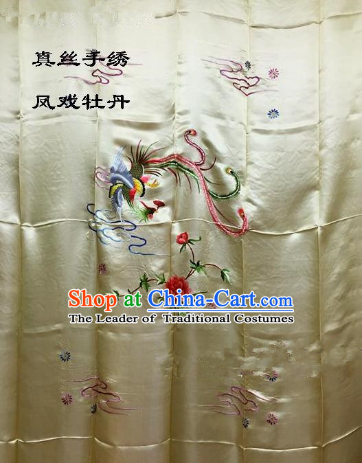 Traditional Asian Chinese Handmade Embroidery Phoenix Peony Quilt Cover Silk Tapestry Golden Fabric Drapery, Top Grade Nanjing Brocade Bed Sheet Cloth Material