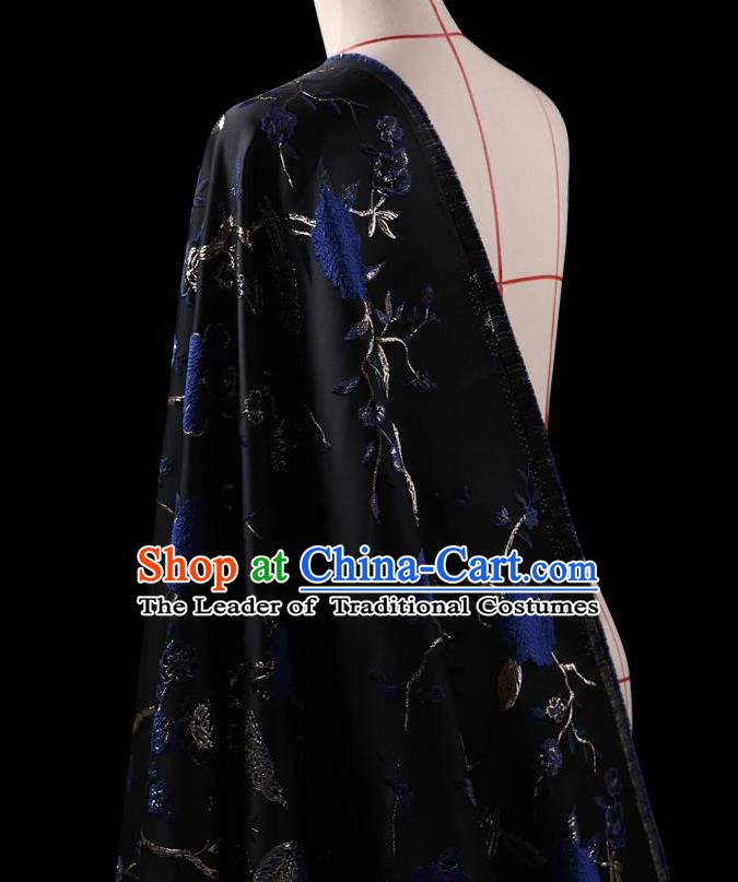 Traditional Asian Chinese Handmade Embroidery Flower Birds Jacquard Weave Coat Silk Tapestry Black Fabric Drapery, Top Grade Nanjing Brocade Ancient Costume Cheongsam Cloth Material