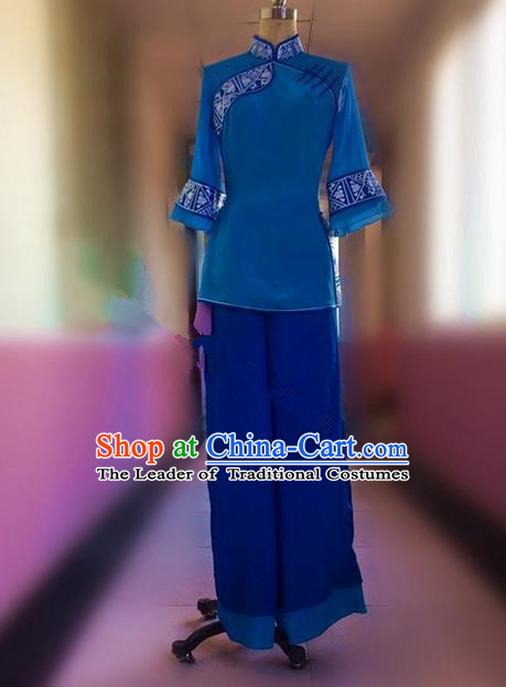 Traditional Ancient Chinese National Folk Yanko Dance Uniform, Elegant Hanfu China Classical Dance Dress Blue Clothing for Women