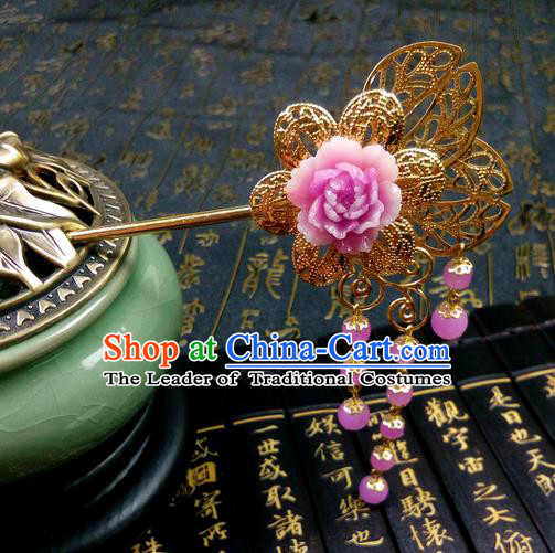 Traditional Handmade Chinese Ancient Classical Hair Accessories Butterfly Hairpins, Princess Pink Flower Tassel Step Shake Hair Stick Hair Fascinators for Women