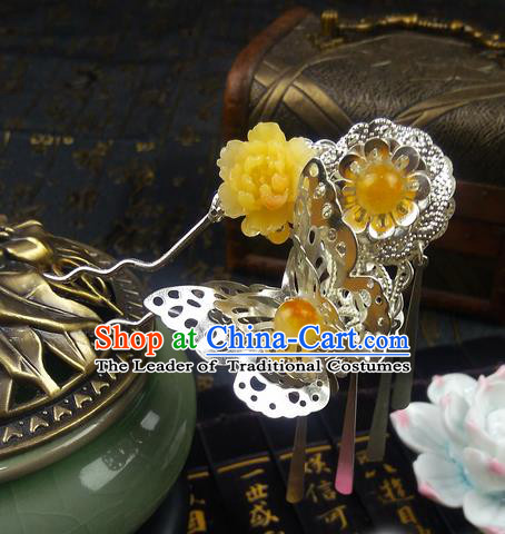 Traditional Handmade Chinese Ancient Classical Hair Accessories, Princess Butterfly Yellow Flower Step Shake Hair Sticks, Hair Fascinators Hairpins for Women