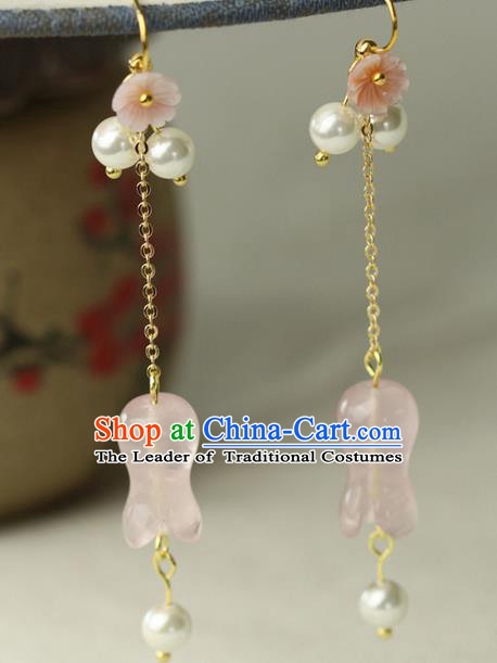 Chinese Ancient Style Hair Jewelry Accessories Wedding Imperial Consort Pink Petunia Earrings, Hanfu Xiuhe Suits Bride Handmade Brass Tassel Eardrop for Women