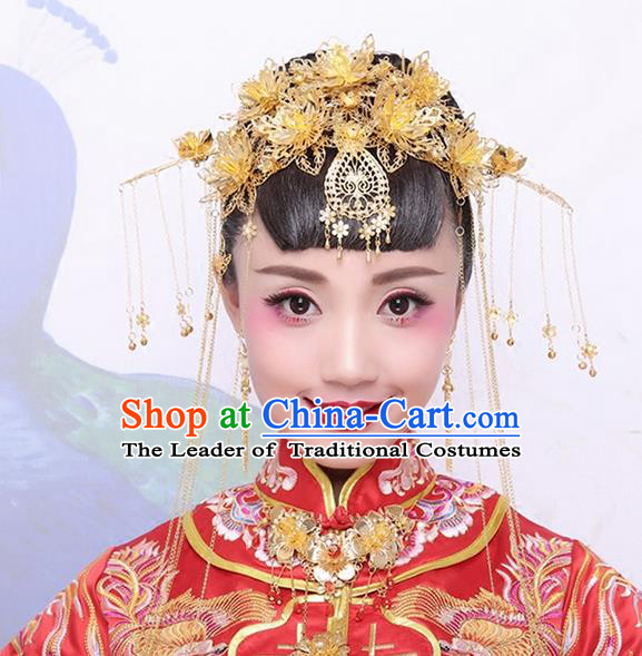 Asian Chinese Ancient Style Hair Jewelry Accessories Wedding Headwear, Hanfu Xiuhe Suits Bride Imperial Empress Handmade Phoenix Coronet Complete Set for Women