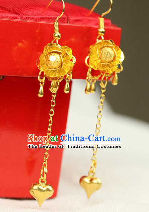 Chinese Ancient Style Hair Jewelry Accessories Wedding Golden Tassel Earrings, Hanfu Xiuhe Suits Bride Handmade Eardrop for Women