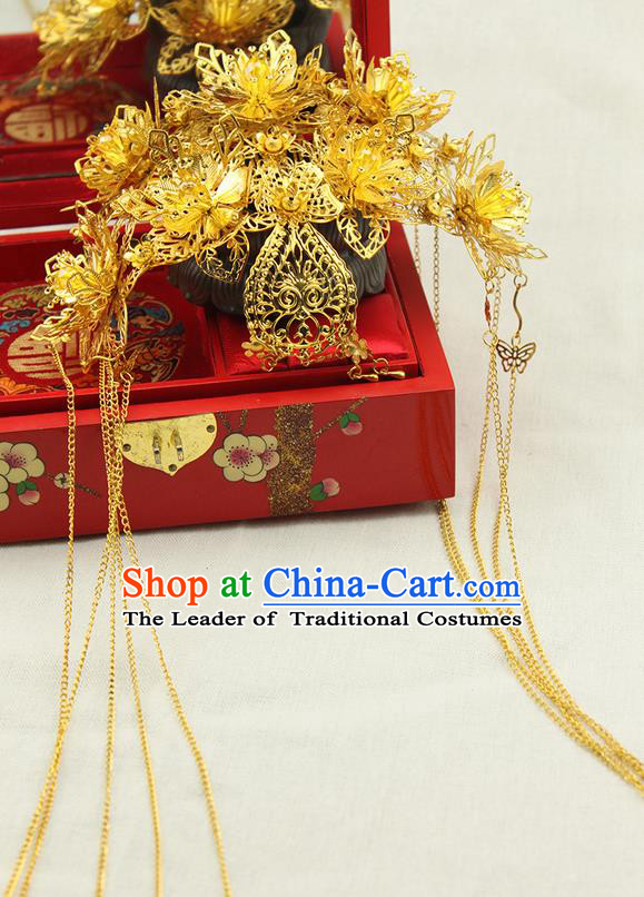 Asian Chinese Ancient Style Hair Jewelry Accessories Wedding Tassel Golden Hair Clasp, Step Shake Hanfu Xiuhe Suits Bride Handmade Phoenix Coronet for Women