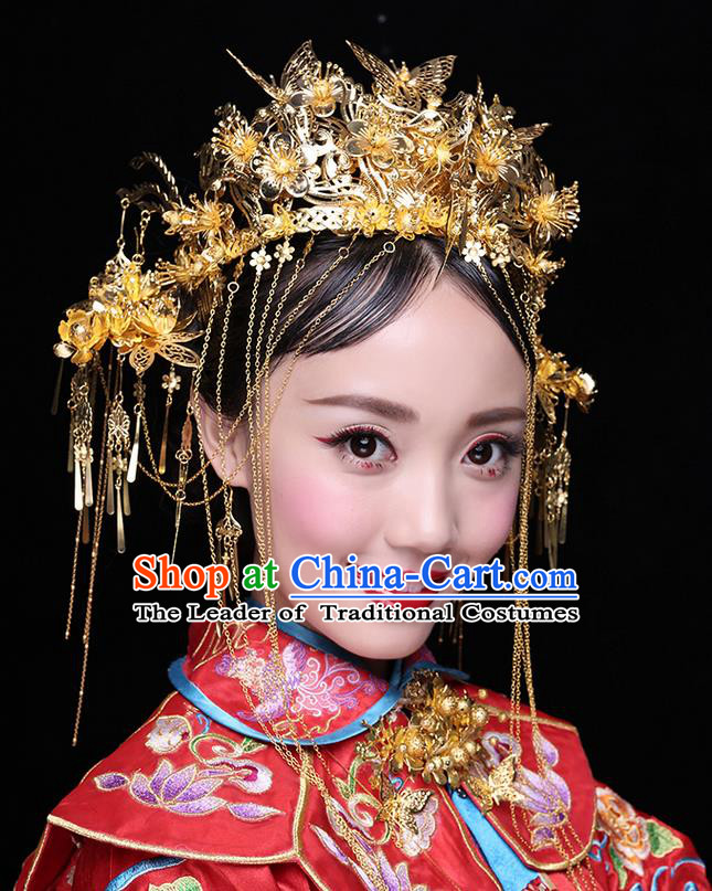 Chinese Ancient Style Hair Jewelry Accessories Wedding Luxury Tassel Hairpins, Hanfu Xiuhe Suits Step Shake Bride Tuinga Handmade Butterfly Phoenix Coronet for Women