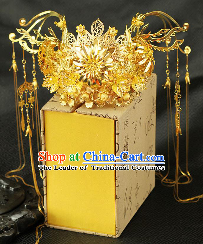 Chinese Ancient Style Hair Jewelry Accessories Wedding Tassel Hairpins, Hanfu Xiuhe Suits Step Shake Bride Tuinga Handmade Phoenix Coronet for Women