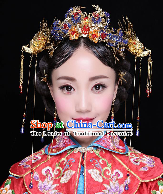 Chinese Ancient Style Hair Jewelry Accessories Wedding Tassel Hairpins, Hanfu Xiuhe Suits Step Shake Bride Handmade Phoenix Coronet Complete Set for Women