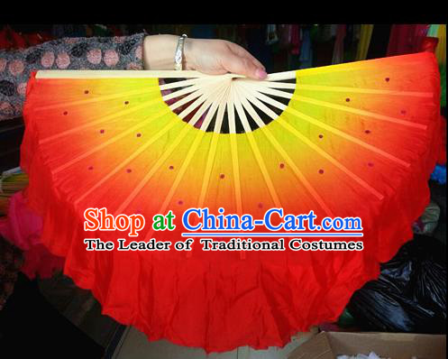 Pure Silk Traditional Chinese Fans Oriental Orange Ribbon Fan Folk Dance Cultural Yanko Dance Hand Fan