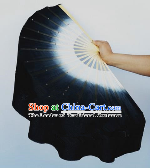 Pure Silk Traditional Chinese Fans Oriental Black Ribbon Fan Folk Dance Cultural Yanko Dance Hand Fan