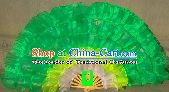 Pure Silk Traditional Chinese Fans Oriental Green Ribbon Fan Folk Dance Cultural Yanko Dance Hand Fan