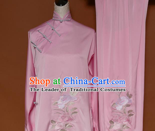 Top Grade Kung Fu Costume Asian Chinese Martial Arts Kung Fu Training Uniform, China Embroidery Peony Gongfu Shaolin Wushu Pink Clothing for Women