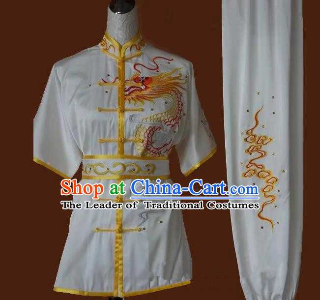 Top Grade Kung Fu Costume Asian Chinese Martial Arts Tai Chi Training Uniform, China Embroidery Dragon Gongfu Shaolin Wushu Clothing for Men