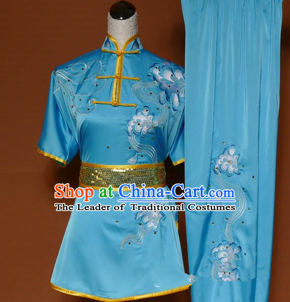 Top Grade Kung Fu Costume Asian Chinese Martial Arts Tai Chi Training Blue Uniform, China Embroidery Gongfu Shaolin Wushu Clothing for Men