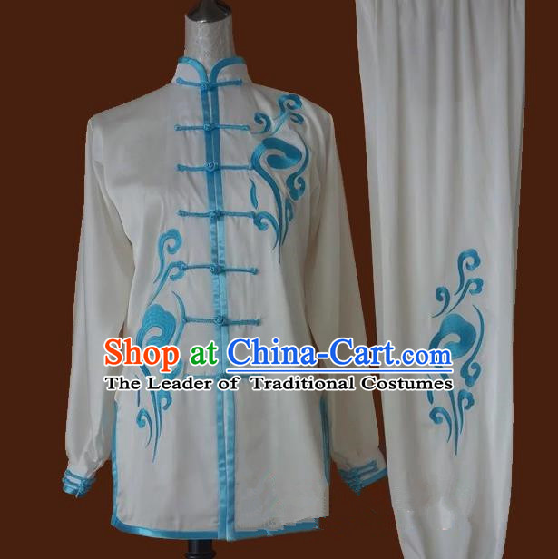 Top Grade Kung Fu Costume Asian Chinese Martial Arts Tai Chi Training White Uniform, China Embroidery Gongfu Shaolin Wushu Clothing for Men for Women