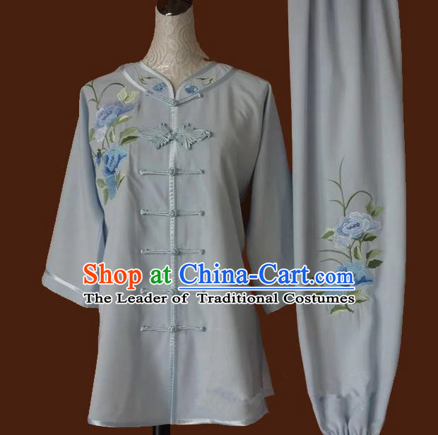 Top Grade Kung Fu Costume Asian Chinese Martial Arts Tai Chi Training Grey Uniform, China Embroidery Peony Gongfu Shaolin Wushu Clothing for Women