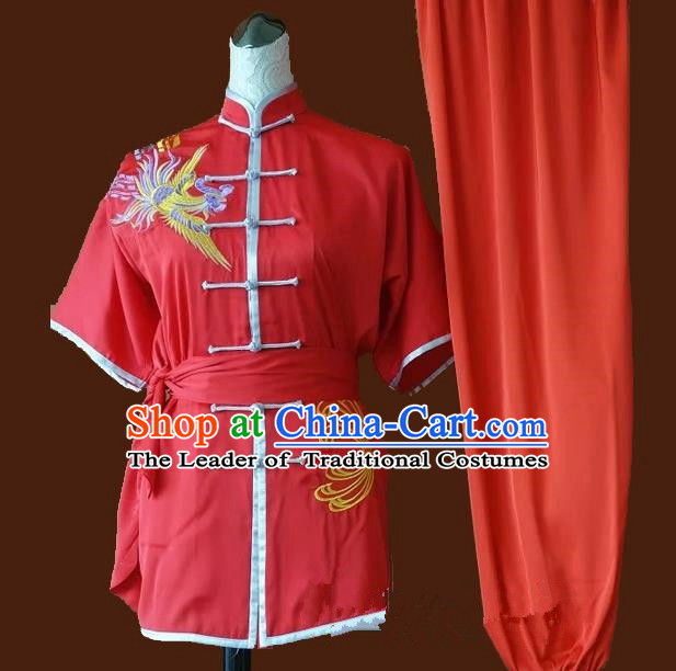 Top Grade Kung Fu Costume Asian Chinese Martial Arts Tai Chi Training Red Uniform, China Embroidery Phoenix Gongfu Shaolin Wushu Clothing for Women