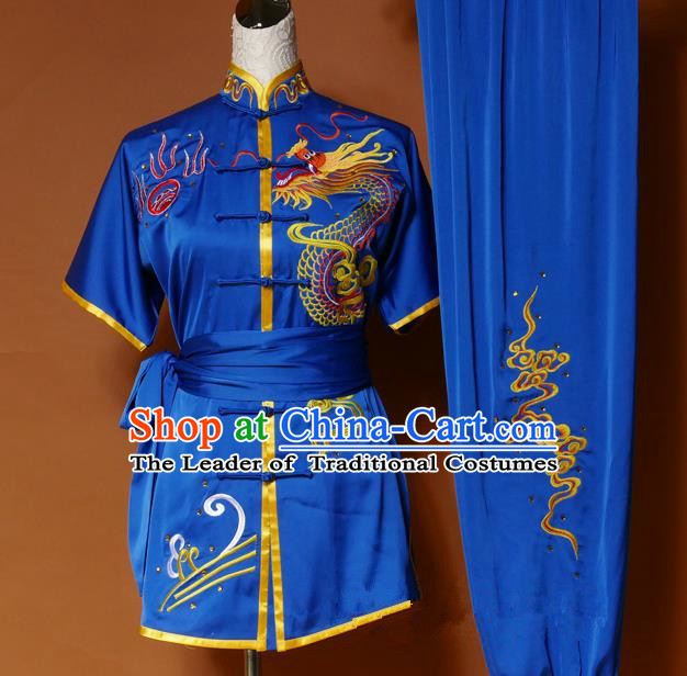 Top Grade Kung Fu Silk Costume Asian Chinese Martial Arts Tai Chi Training Royalblue Short Sleeve Uniform, China Embroidery Dragon Gongfu Shaolin Wushu Clothing for Men