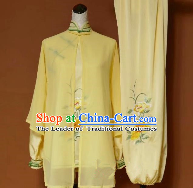 Top Grade Kung Fu Silk Costume Asian Chinese Martial Arts Tai Chi Training Yellow Uniform, China Embroidery Peony Gongfu Shaolin Wushu Clothing for Women