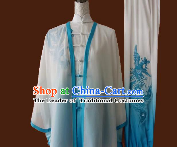 Top Grade Kung Fu Silk Costume Asian Chinese Martial Arts Tai Chi Training Gradient Blue Uniform, China Embroidery Phoenix Gongfu Shaolin Wushu Clothing for Women