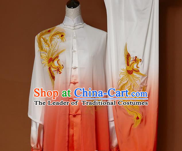 Top Grade Kung Fu Silk Costume Asian Chinese Martial Arts Tai Chi Training Gradient Orange Uniform, China Embroidery Phoenix Gongfu Shaolin Wushu Clothing for Women