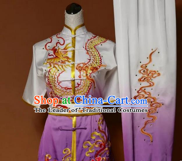 Top Grade Kung Fu Silk Costume Asian Chinese Martial Arts Tai Chi Training Gradient Purple Uniform, China Embroidery Dragon Gongfu Shaolin Wushu Clothing for Men