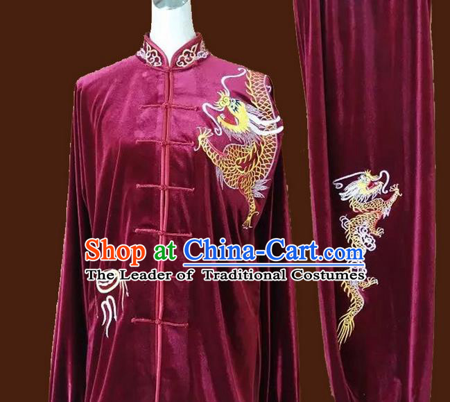 Top Grade Kung Fu Velvet Costume Asian Chinese Martial Arts Tai Chi Training Wine Red Uniform, China Embroidery Dragon Gongfu Shaolin Wushu Clothing for Women