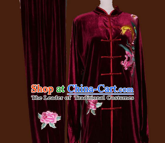 Top Grade Kung Fu Velvet Costume Asian Chinese Martial Arts Tai Chi Training Wine Red Uniform, China Embroidery Phoenix Peony Gongfu Shaolin Wushu Clothing for Women