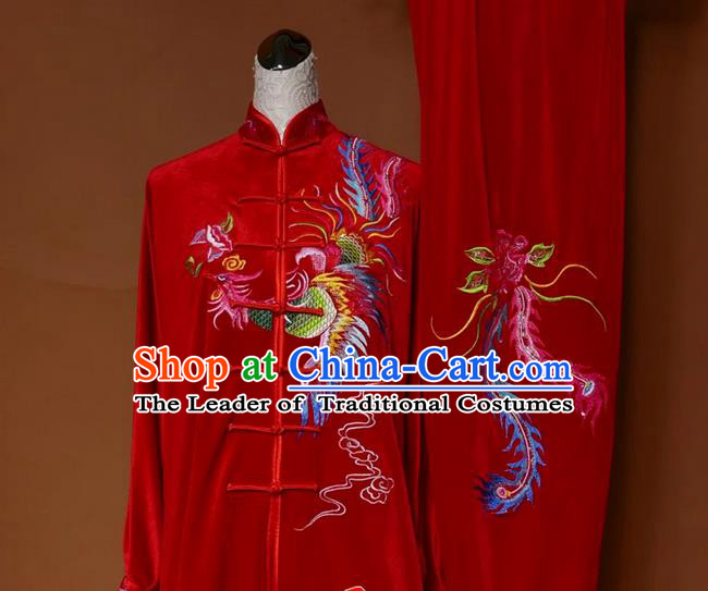 Asian Chinese Top Grade Pleuche Kung Fu Costume Martial Arts Tai Chi Training Red Uniform, China Embroidery Phoenix Gongfu Shaolin Wushu Clothing for Women