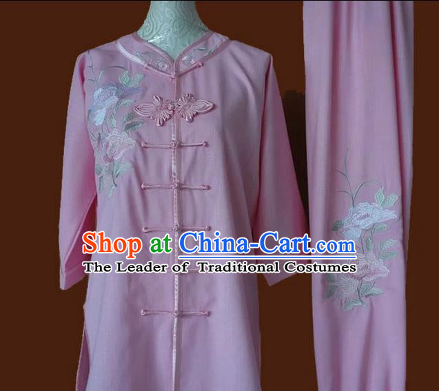 Asian Chinese Top Grade Silk Kung Fu Costume Martial Arts Tai Chi Training Pink Plated Buttons Uniform, China Embroidery Peony Gongfu Shaolin Wushu Clothing for Women